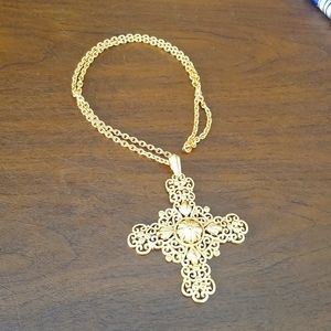 Trifari Vintage Gold Tone Cross on Chain Necklace